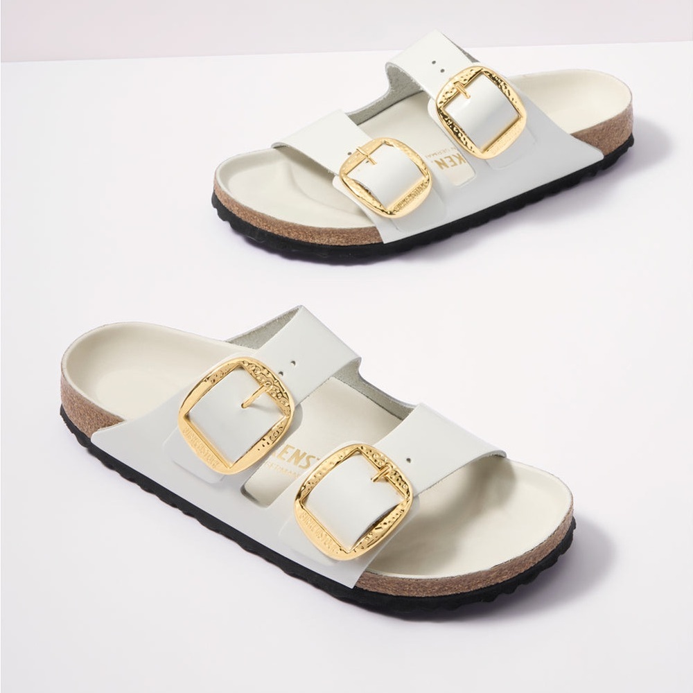 New Birkenstock Arizona Big Buckle High Shine Gold Hammered Size 9 Narrow